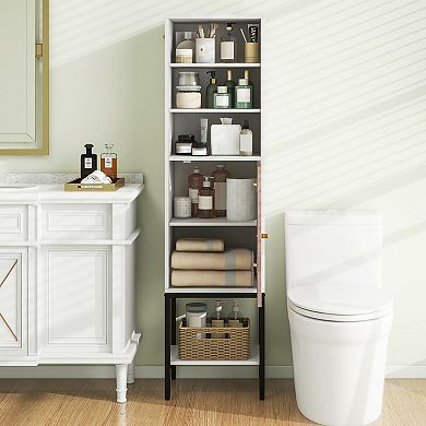 57 Inch Tall Narrow Bathroom Storage Cabinet with Single Door and Shelves