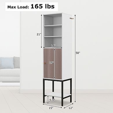57 Inch Tall Narrow Bathroom Storage Cabinet with Single Door and Shelves