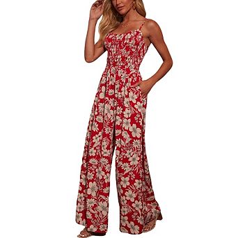 Women Floral Print Jumpsuit Spaghetti Strap Smocked Waist Wide Leg Maxi Jumpsuit with Pockets