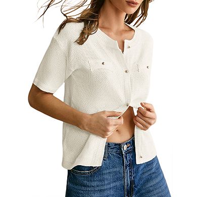 Women's Summer Button Down Shirts Casual Short Sleeve Crew Neck Ribbed Knit Blouse Top Cardigans