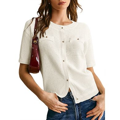 Women's Summer Button Down Shirts Casual Short Sleeve Crew Neck Ribbed Knit Blouse Top Cardigans