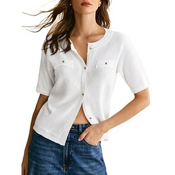 Women's Summer Button Down Shirts Casual Short Sleeve Crew Neck Ribbed Knit Blouse Top Cardigans