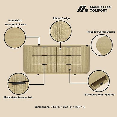 MANHATTAN COMFORT Olivia 71-Inch Ribbed 6-Drawer Double Dresser