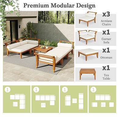 6-Piece Patio Sectional Sofa Set with Tea Table, Beige Cushions and Pillows