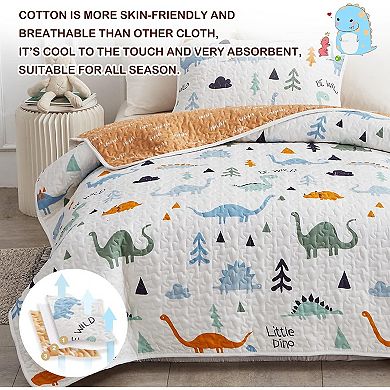2-Piece Cotton Quilt Set Twin, Cute Dinosaur Reversible Design , 68"x86",1 Quilt and 1 Pillow Sham