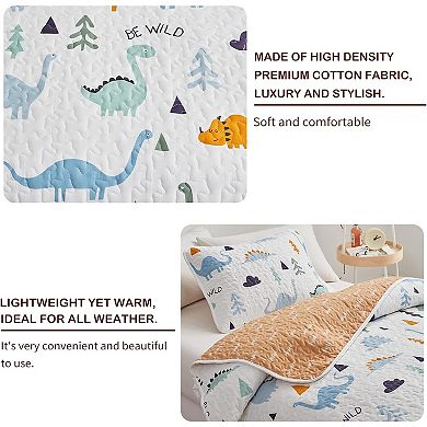 2-Piece Cotton Quilt Set Twin, Cute Dinosaur Reversible Design , 68"x86",1 Quilt and 1 Pillow Sham