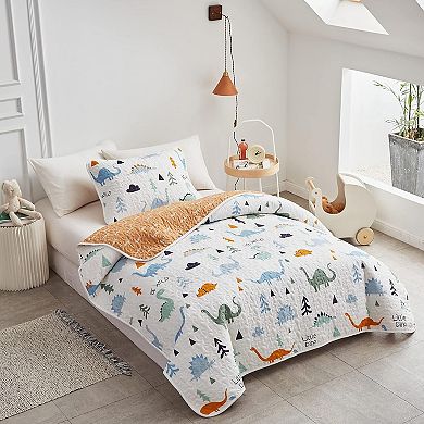 2-Piece Cotton Quilt Set Twin, Cute Dinosaur Reversible Design , 68"x86",1 Quilt and 1 Pillow Sham