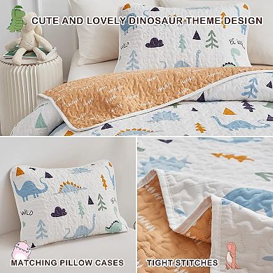 2-Piece Cotton Quilt Set Twin, Cute Dinosaur Reversible Design , 68"x86",1 Quilt and 1 Pillow Sham