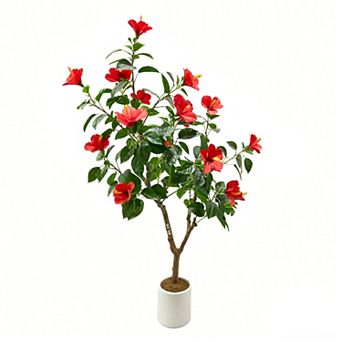 Artificial Hibiscuses Tree with Realistic Leaves Red Flowers Large Trunk,Realistic Potted Faux Plant
