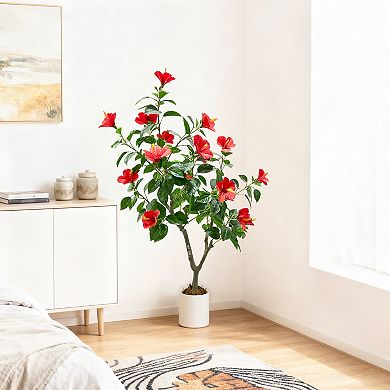 Artificial Hibiscuses Tree with Realistic Leaves Red Flowers Large Trunk,Realistic Potted Faux Plant