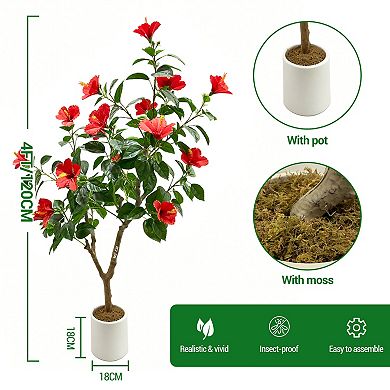 Artificial Hibiscuses Tree with Realistic Leaves Red Flowers Large Trunk,Realistic Potted Faux Plant