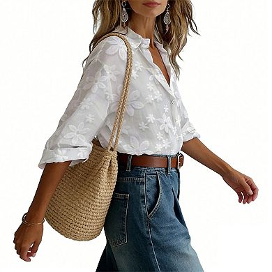 Women's Floral Embroidery Button-Down Shirt Roll-Up Sleeve Collared Blouse Casual Summer Tunic Top