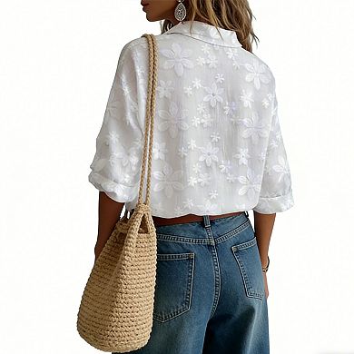 Women's Floral Embroidery Button-Down Shirt Roll-Up Sleeve Collared Blouse Casual Summer Tunic Top