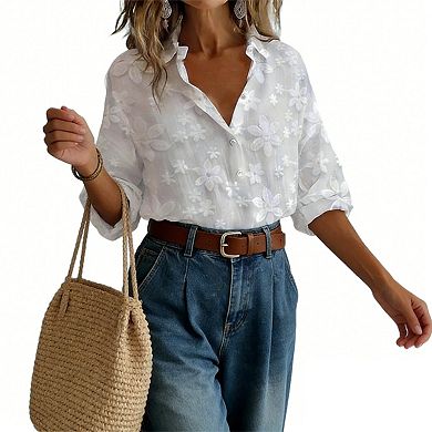 Women's Floral Embroidery Button-Down Shirt Roll-Up Sleeve Collared Blouse Casual Summer Tunic Top