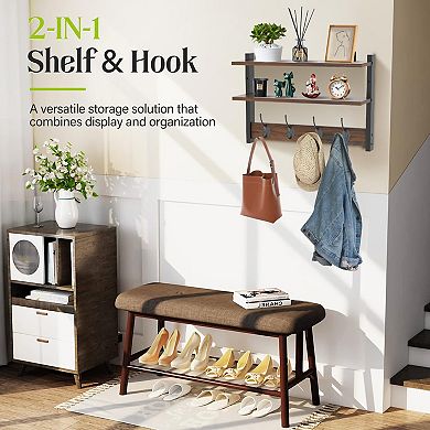 Two-Tier Wall Shelf With Hooks 17" Coat Rack for Entryway
