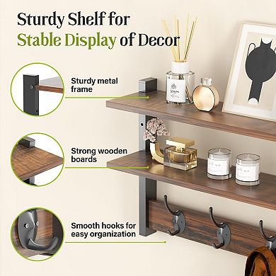 Two-Tier Wall Shelf With Hooks 17" Coat Rack for Entryway