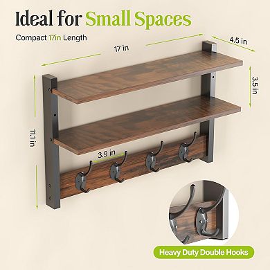 Two-Tier Wall Shelf With Hooks 17" Coat Rack for Entryway