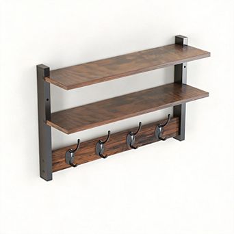 Two-Tier Wall Shelf With Hooks 17" Coat Rack for Entryway