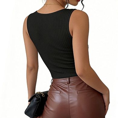 Women's 3D Floral Applique Ribbed Tank Top Square Neck Slim Fit Sleeveless Blouse