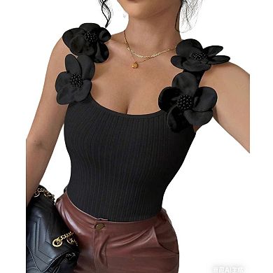 Women's 3D Floral Applique Ribbed Tank Top Square Neck Slim Fit Sleeveless Blouse