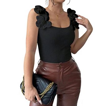 Women's 3D Floral Applique Ribbed Tank Top Square Neck Slim Fit Sleeveless Blouse