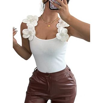 Women's 3D Floral Applique Ribbed Tank Top Square Neck Slim Fit Sleeveless Blouse