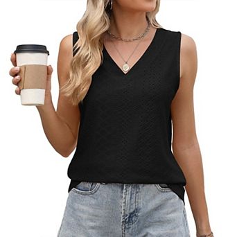Women's V-Neck Kollow Out Eyelet Shirt Sleeveless Loose Fit Tank Top Summer Casual Base Blouse