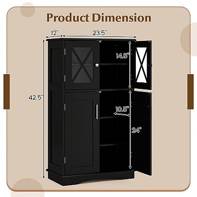 4-Door Freestanding Bathroom Floor Storage Cabinet with Adjustable Shelves