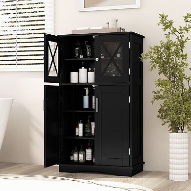 4-Door Freestanding Bathroom Floor Storage Cabinet with Adjustable Shelves