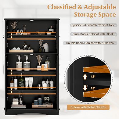 4-Door Freestanding Bathroom Floor Storage Cabinet with Adjustable Shelves