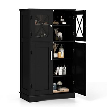 4-Door Freestanding Bathroom Floor Storage Cabinet with Adjustable Shelves