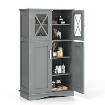 4-Door Freestanding Bathroom Floor Storage Cabinet with Adjustable Shelves