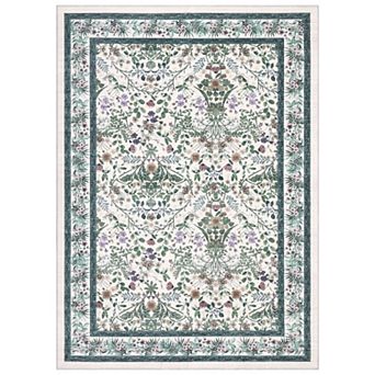 Washable Non-Slip Area Rug with Floral Print Foldable Low Pile Carpet for Bedroom and Entryway