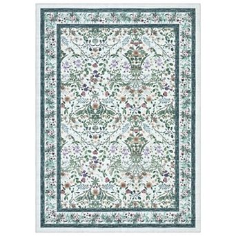 Washable Non-Slip Area Rug with Floral Print Foldable Low Pile Carpet for Bedroom and Entryway