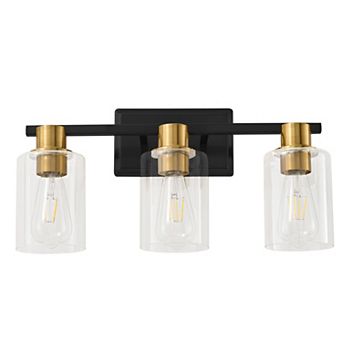 POWLIG 3-Light Modern Wall Light Black Gold Vanity Light with Clear Glass Shade
