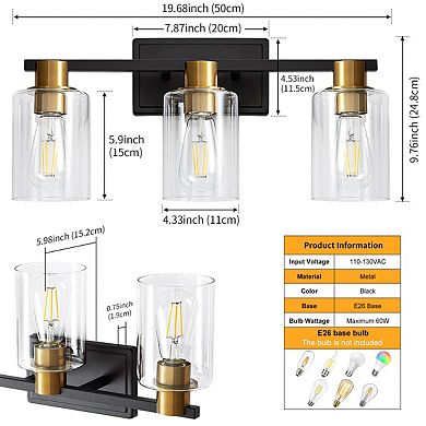 POWLIG 3-Light Modern Wall Light Black Gold Vanity Light with Clear Glass Shade