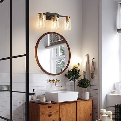 POWLIG 3-Light Modern Wall Light Black Gold Vanity Light with Clear Glass Shade