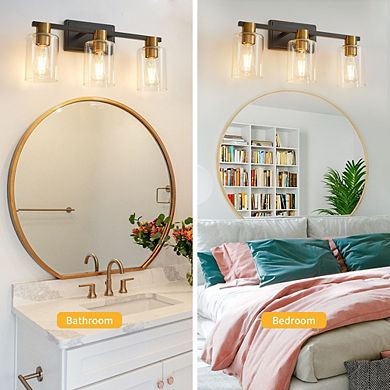 POWLIG 3-Light Modern Wall Light Black Gold Vanity Light with Clear Glass Shade