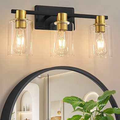 POWLIG 3-Light Modern Wall Light Black Gold Vanity Light with Clear Glass Shade