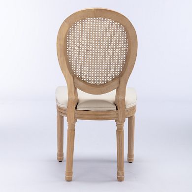 French Style Solid Wood Frame Dining Chair with Linen Fabric and Rattan Back Set of 2