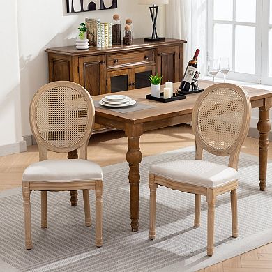French Style Solid Wood Frame Dining Chair with Linen Fabric and Rattan Back Set of 2