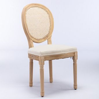 French Style Solid Wood Frame Dining Chair with Linen Fabric and Rattan Back Set of 2