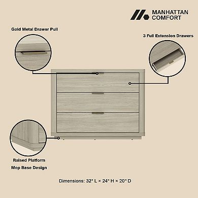 MANHATTAN COMFORT Evelyn 32-inch Modern 3-Drawer Nightstand
