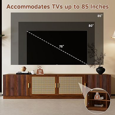 78" TV Stand, Fits up to 85" TV, Rattan Doors, Adjustable Shelves, Brown
