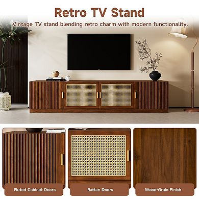 78" TV Stand, Fits up to 85" TV, Rattan Doors, Adjustable Shelves, Brown