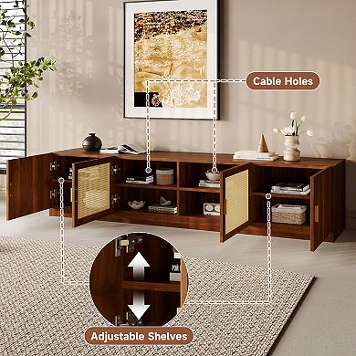 78" TV Stand, Fits up to 85" TV, Rattan Doors, Adjustable Shelves, Brown