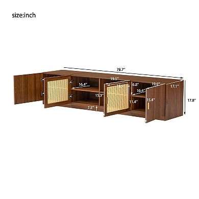 78" TV Stand, Fits up to 85" TV, Rattan Doors, Adjustable Shelves, Brown