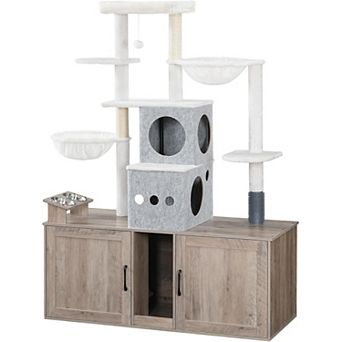 63.4" Cat Tree with 47.2" Dual Hidden Litter Box Enclosure with Feeding Bowls, Scratching Posts