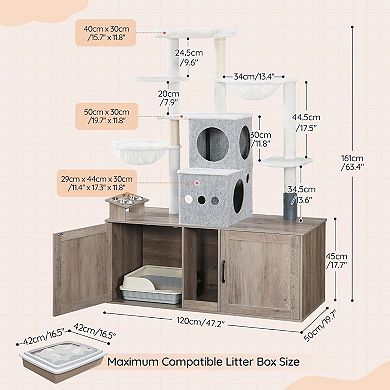 63.4" Cat Tree with 47.2" Dual Hidden Litter Box Enclosure with Feeding Bowls, Scratching Posts