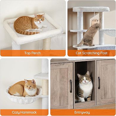 63.4" Cat Tree with 47.2" Dual Hidden Litter Box Enclosure with Feeding Bowls, Scratching Posts